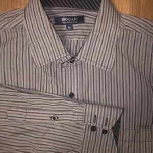 Bogari Men's Button Up Shirt Size Medium Long Sleeve Cotton Striped Black Gray